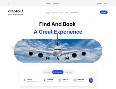 OMOTOLA Flight Booking Agency aviation clean ui creativity dashboard design design figma flight booking homepage landing page simple design ui ui design uiux design ux ux design webpage