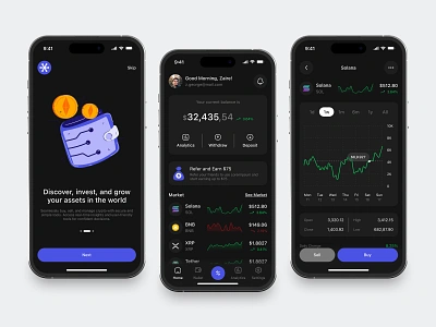 Crypto Mobile App app chart clean dark design fireart illustration portfolio ui ux wallet