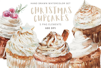 Watercolor Christmas Cupcakes bakery design christmas clipart cupcake dessert drawing food illustration png realistic surface design watercolor winter illustration