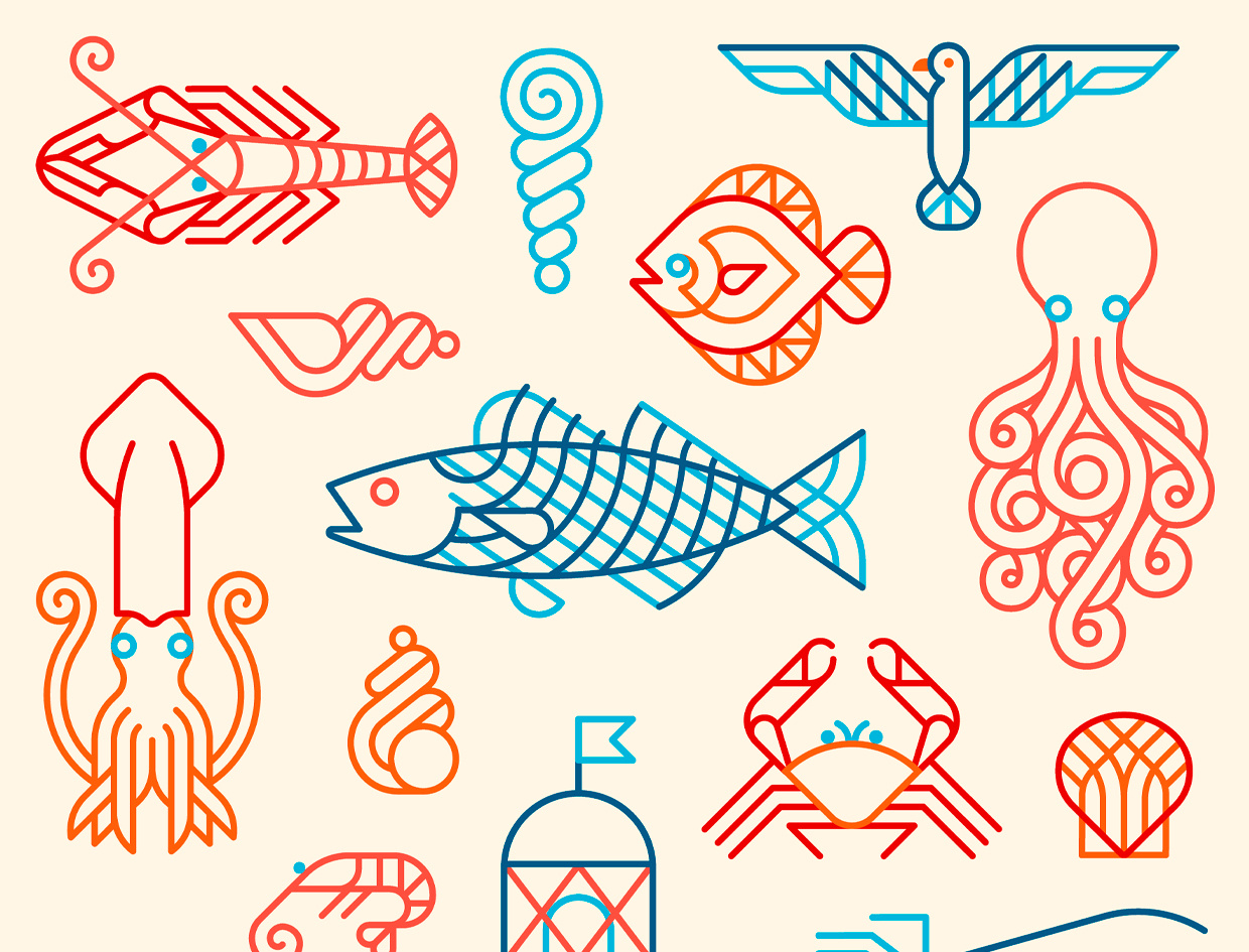 Marine designs / Xunta de Galicia adobe illustrator design digital draw fish geometry icon icons illustration lineart logo logo design minimal sea vector