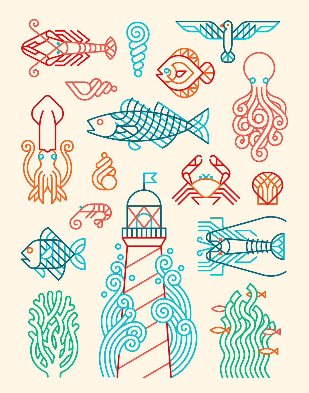 Marine designs / Xunta de Galicia adobe illustrator design digital draw fish geometry icon icons illustration lineart logo logo design minimal sea vector