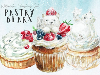 Watercolor Christmas Bear Dessert Set cake design children illustration christmas cooking dessert food hand drawn illustration polar bear surface design watercolor winter set