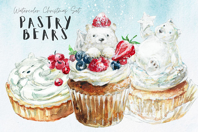 Watercolor Christmas Bear Dessert Set cake design children illustration christmas cooking dessert food hand drawn illustration polar bear surface design watercolor winter set