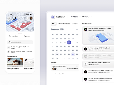 Real.Invest interface 3d map calendar clean minimal mobile real estate saas ui ux voit team