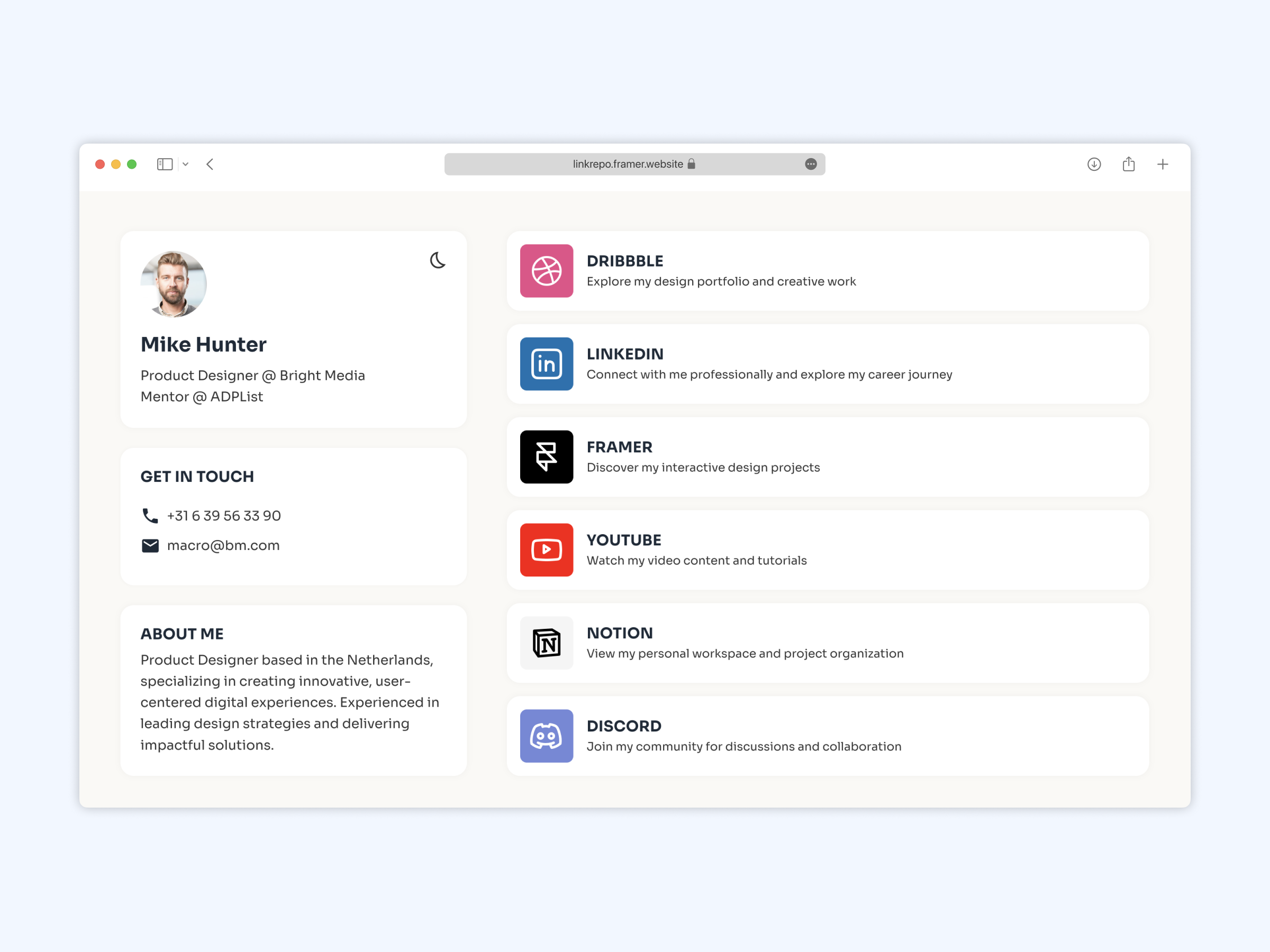 LinkRepo - Link Repository for Your Personal Website framer link linktree repository ui