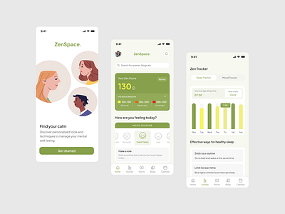 ZenSpace - A helpful tool to log mood, track sleep patterns designforhealth mentalhealthapp mobileappdesign moodtracking sleeptracking ui uiinspiration uiuxdesign