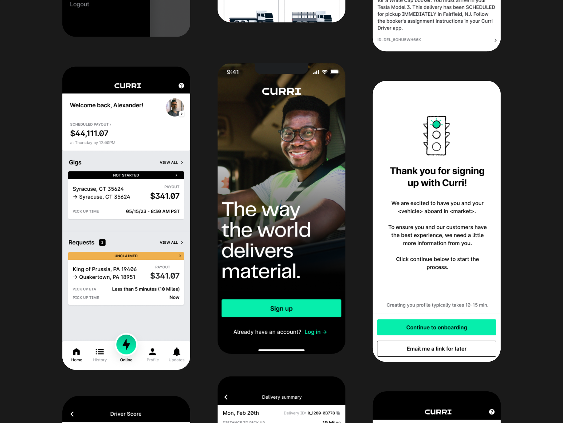 Curri | Driver App app brand branding curri delivery design driver identity illustration ios logistics logo people typography ui ux web