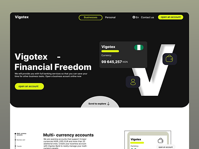 Vigotex Multi-Currency Banking Website assets banking branding business account business card design digital banking exchange finance financial freedom financial service landing page money multi currency payment personal account transactions ui user interface web design