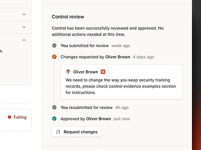 Control Review - Review Workflow Timeline blue comment compliance connectors design details figma minimal oneleet product design saas security sidepanel timeline ui web