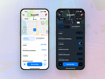 Vehicle Card. Start The Ride dark dark theme e scooter insurance map map based app mobile payment method pin scooter scooter card sharing sharing app