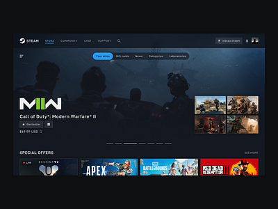 Steam Redesigned: A Modern Gaming Icon branding concept dark gaming graphic design identity landing page logo minimalist modern redesign steam ui