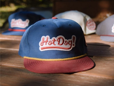 Hot Dog! Snapback Hats cap fun hats hot dog hot dogs lettering merch merch design patch patches quirky retro