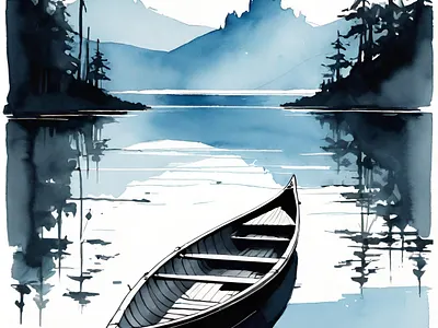 Peaceful mountain lake art boat canoe forest lake mountain mountains nature nature lover peaceful water watercolor