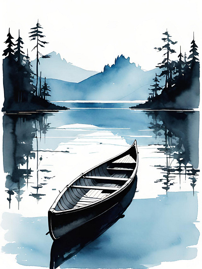 Peaceful mountain lake art boat canoe forest lake mountain mountains nature nature lover peaceful water watercolor