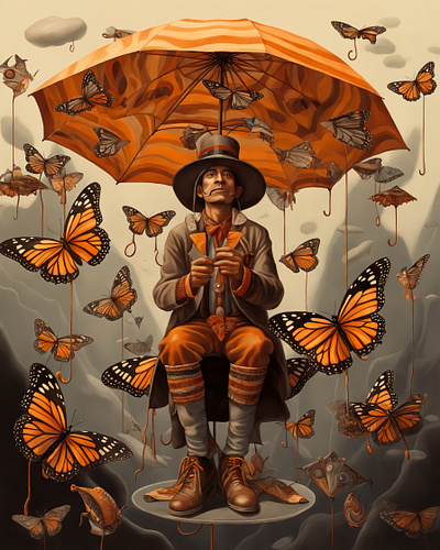 Butterfly Man Under an Umbrella in the Mountains