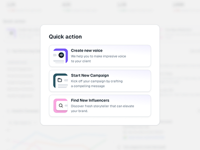 Quick Action Card 🚀 ai campaign card cleam crm icon logo modal prm product quick access saas service simple ui ux voice web web app web design