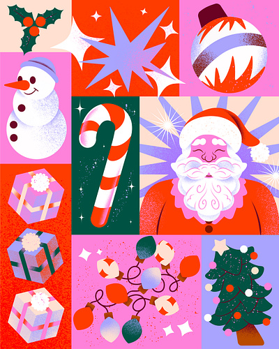 Christmas 2024 bauble candy cane christmas color colour festive illustration lights limited palette melbourne present procreate santa snow snowman sparkles texture tree