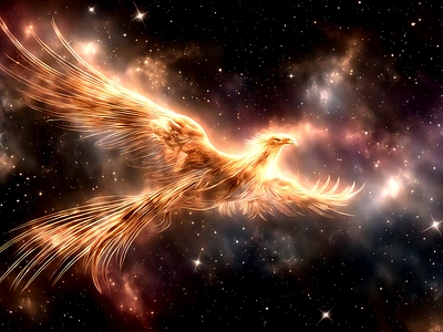 Phoenix Rising through the Universe 4x0 ashes birth emergence eternal fire hope legends life mythology outerspace power rebirth renewal rise rising stars strength unicosmic