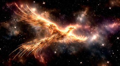 Phoenix Rising through the Universe 4x0 ashes birth emergence eternal fire hope legends life mythology outerspace power rebirth renewal rise rising stars strength unicosmic