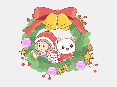 Christmas wreath🎄👧🏻🐱🐶 branding christmas drawing graphic design illustrator original design wreath