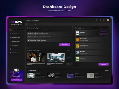 Dashboard UI Design Of Game Publishing Platform 🚀 DARK MODE black branding dark dark mode dashboard design dashboard ui gaming minimal purple ui ui ux user experience ux design web app website