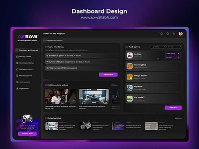 Dashboard UI Design Of Game Publishing Platform 🚀 DARK MODE black branding dark dark mode dashboard design dashboard ui gaming minimal purple ui ui ux user experience ux design web app website