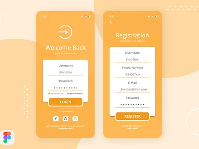 Simple orange login and registration page app dailyui design figma login login page mobile register registration page ui uiux ux