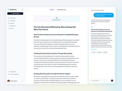 WriteFlow AI - Generate Content ai ai responses article blog chat ai content content generator copywriting dashboard data edit large language model llm llm saas morva morva labs product design saas saas ai ui