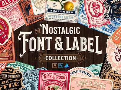 Nostalgic Font and Label Collection elements font hand drawn font heritage font label collection label templates nostalgic nostalgic font ornaments font packaging design textures font vector label font vintage font