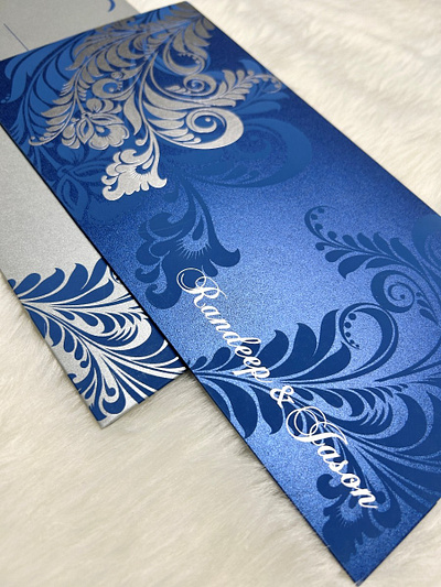 Dark Blue Shimmery Floral Themed - Screen Printed Wedding Card punjabi wedding card invitation