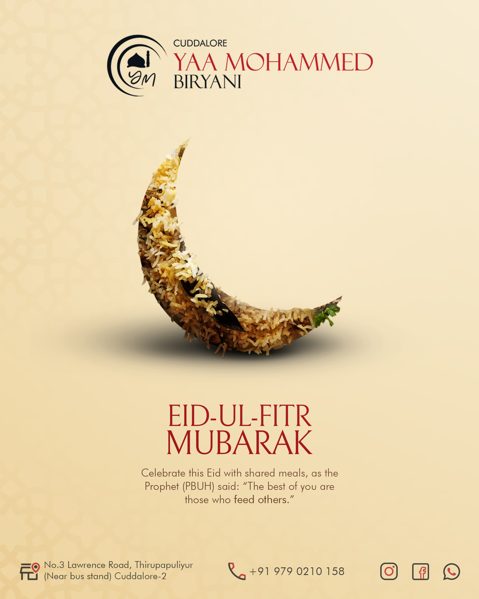 Ramzan Post for Biryani Restaurant biryani biryani restaurant branding creative crescent cuddalore design eid post food foodie graphic design instagram instagram post moon photo manipulation photoshop ramzan wishes restaurant social media post south indian