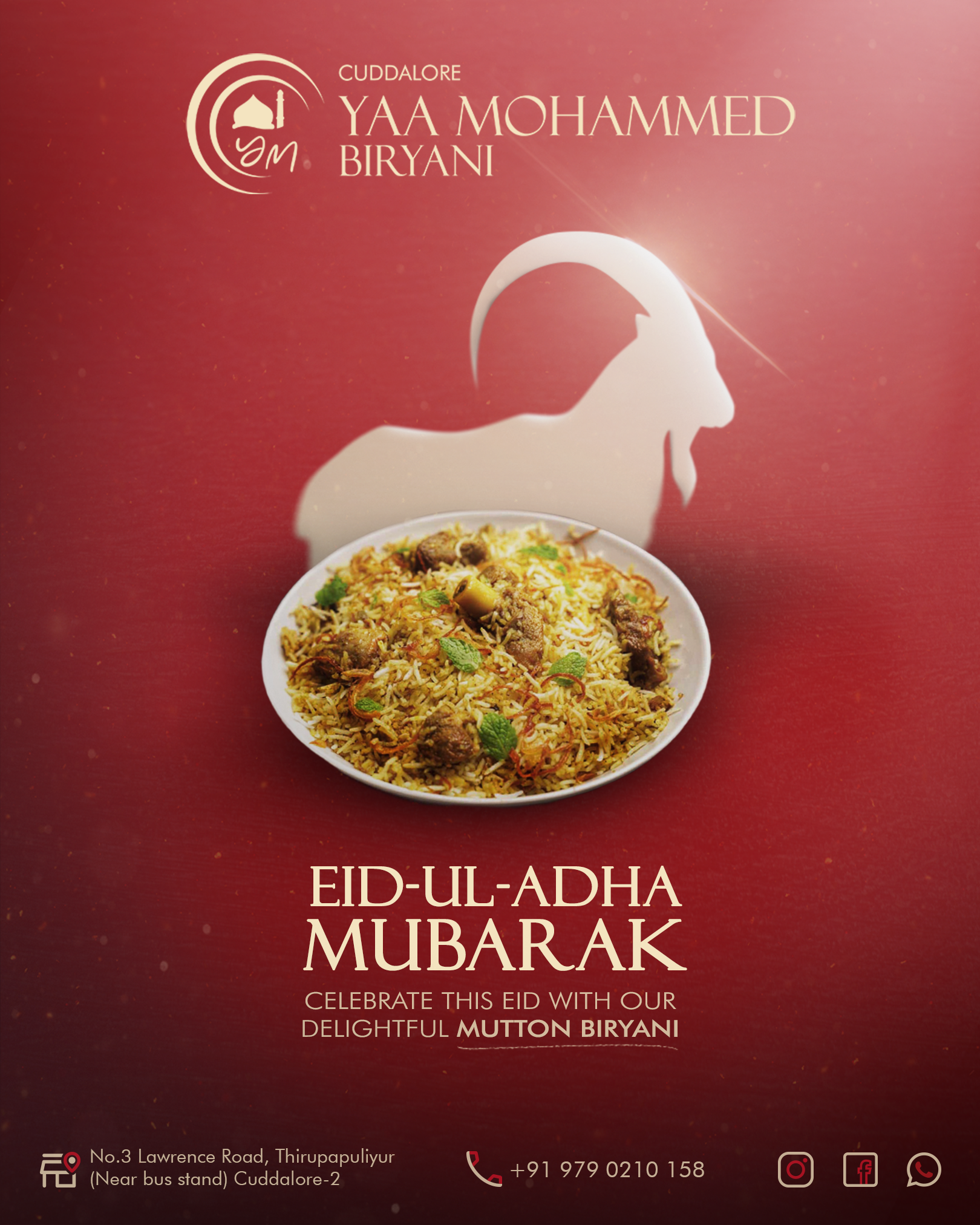 Bakr-Eid Post Social Media Post for Restaurant biryani biryani restaurant branding chicken biryani cuddalore design eid wishes food foodie graphic design instagram mutton biryani photo manipulation photoshop puducherry restaurant restaurant social media post. social media post south indian south indian restaurant
