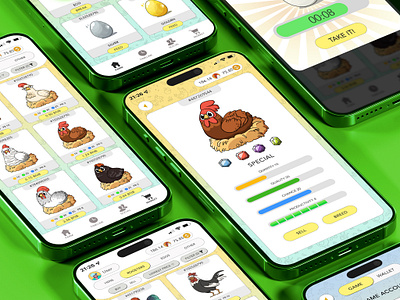 Rich Hens Mobile App Design app branding cartoon crypto gamefi graphic design logo mobile ui vector web3