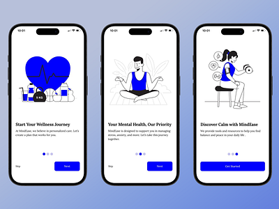 Wellness App Design app design app ui blue accents calming visuals creative design fitness fitness app health health tracking mental health mindfulness tool minimal design modern modern interface onboarding screen user experience user interface wellness app workout tracker