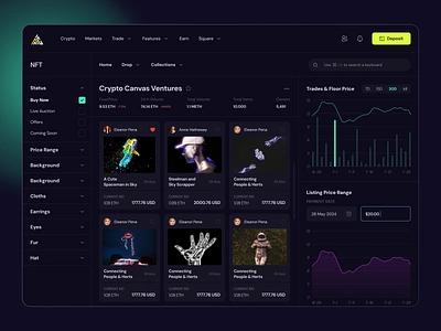 NFT Listing Screen animation branding buy now crypto dark theme graphic design listing price range nft nft graph nft listing nft search nft stats ui web app