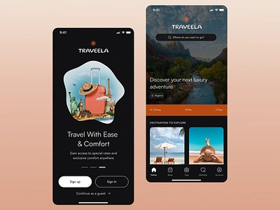 Traveela - Travel App adventure app booking design destination interface design luxury mobile app design tourism travel agency travel app travel service traveller travelling trips ui ui design user experience ux ux design