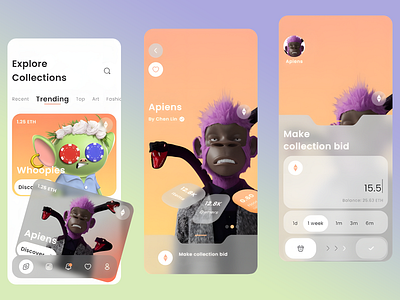 NFT Marketplace App Design bold typography card style design clean layout collectible items cryptocurrency wallet design digital explore collections interactive elements minimalistic buttons modern ui nft bidding nft marketplace profile integration responsive layout seamless navigation trending nfts user friendly interface vibrant colors visual hierarchy