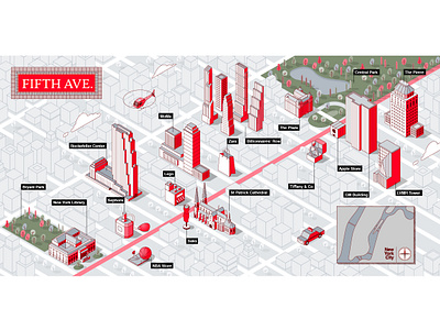 Isometric the 5th Avenue Map for Les Echos Weekend 5th avenue building cetnral park destination editorial famous fifth avenue illustration isometric landmark line manhattan new york symbol travel usa vector