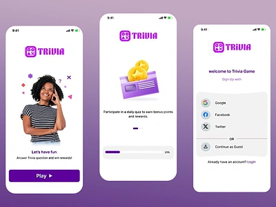 Trivia Game App Design casual game clean layout daily quizzes engaging visuals game gamification guest access interactive elements intuitive navigation minimalistic style mobile app onboarding screen playful design quiz app design reward system social trivia game user friendly interface vibrant purple theme welcoming screen