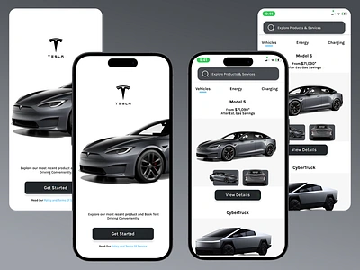 Tesla Product Showcase App Design app black and white theme car car details page clean typography electric vehicles explore products futuristic design image carousel interactive navigation intuitive interface luxury minimalist design modern modern ui premium aesthetic product showcase tesla app user focused design vehicle selection