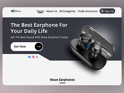 Earphone Product Landing Page audio accessories black and white theme clean typography dark theme earphone showcase ecommerce integration high quality high quality visuals interactive interface minimalist layout modern ui premium product product landing page product promotion product tagline responsive design sleek design social media links tech product user engagement