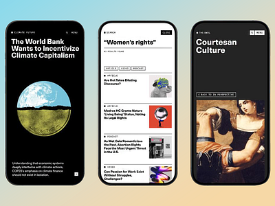 Editorial Mobile Design article listing bold headlines clean design climate awareness cultural content dark theme editorial design interactive navigation minimalist layout mobile interface modern modern typography multimedia support news platform podcast integration professional aesthetics responsive design search functionality topic categorization user focused layout
