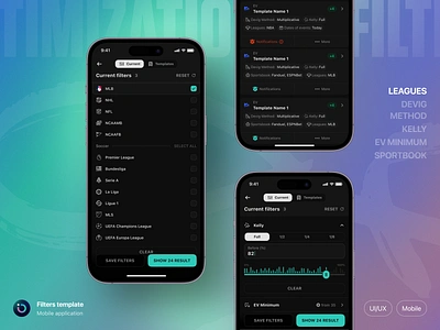 Outlier iOS: Filters app app design betting clean dark design filter interface ios mobile mobile app neon outlier phone product design sport sports ui user interface ux