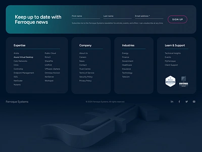 Ferroque footer 3d logo cta dark ui figma footer teal ui uiux ux web design