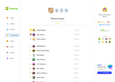 Duolingo Leaderboard design duolingo figma gaming graphic design ui uiux ux web