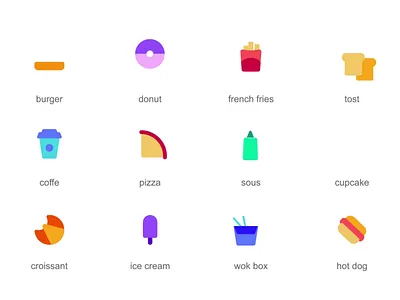 Fast Food 2d Icons Set Animation 2d animation burger coffee croissant cupcake donut fast food flat food french fries hot dog ice cream icons illustration motion pizza sauce toast wok box