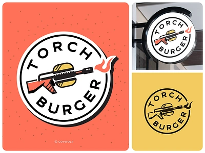 Visual Identity - Torch Burger badge blow torch blowtorch branding burger cooking emblem fastfood fire flame food hamburger identity illustration logo logo design print restaurant signage