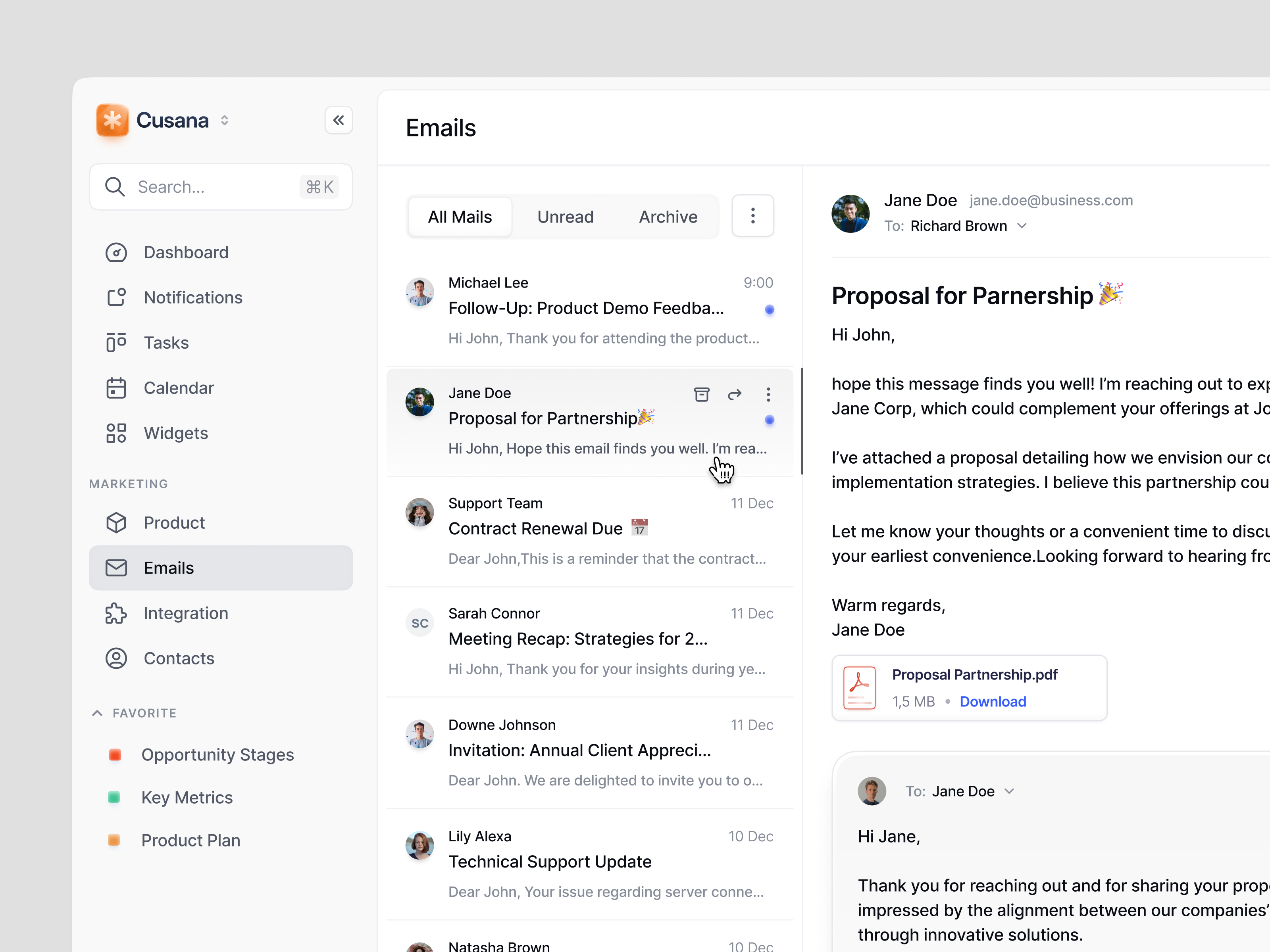 Email Page - CRM Dashboard chat clean crm dashboard design email email dashboard emails emails page messages minimalist modal product design reply saas saas dashboard tool ui ux web app