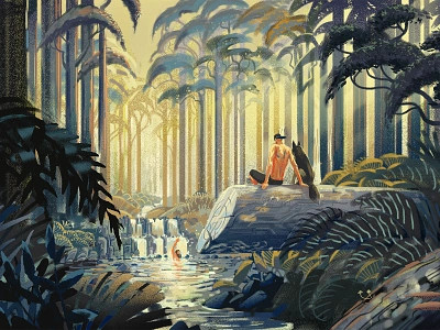 Lost in the magic of falling water adobe digitalpainting dog downtime illustration muti nature photshop relax scenic summer sun swiming trees wacomart waterfall