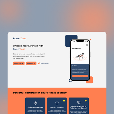 PowerZone Fitness App Landing Page designshowcase fitnessapp gymmotivation ui uiuxdesign webdesig